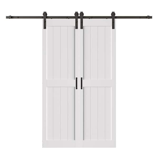 SOCBAZZAR 96 in. x 84 in. (Double 48 in.) Paneled H shape White Finished MDF Interior Double Sliding Barn Door with Hardware Kit