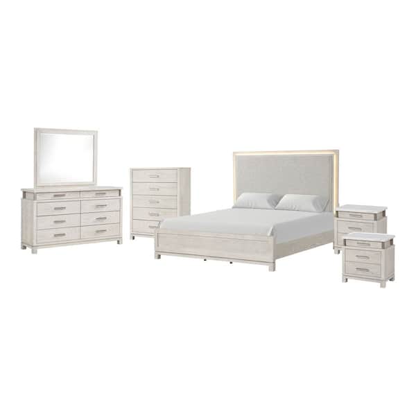 Patty 6-Piece Weathered Gray Wood Frame King Panel Bedroom Set with LED on Headboard, Stainless Steel Posts, Marble Top