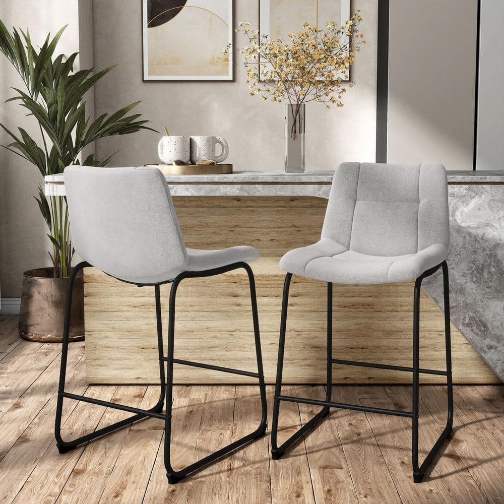 Light Grey Chenille Upholstered Counter Height Bar Stools with Metal Frame, Set of 2