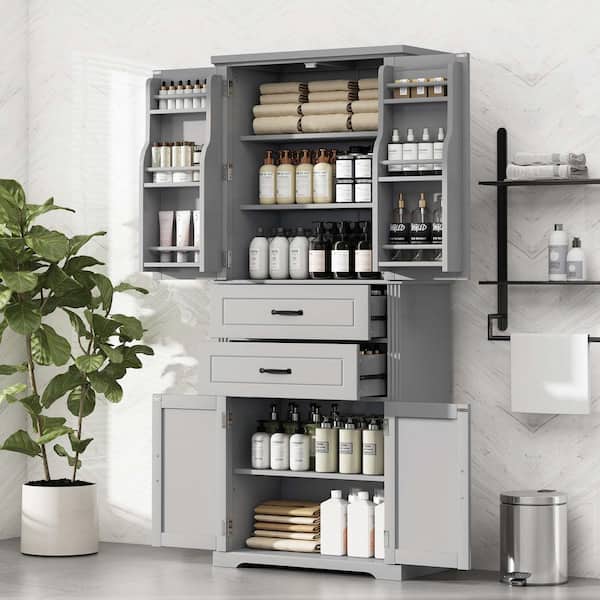30 in. W x 15.7 in. D x 72.5 in. H Gray MDF Freestanding Linen Cabinet with 4 Doors, 2 Drawers and Adjustable Shelf