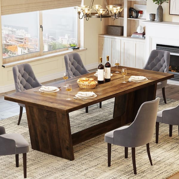 Moronia Dark Brown Wood 70.9 in. Pedestal Dining Table Seats 8, Rectangular Farmhouse Kitchen Table for Big Family