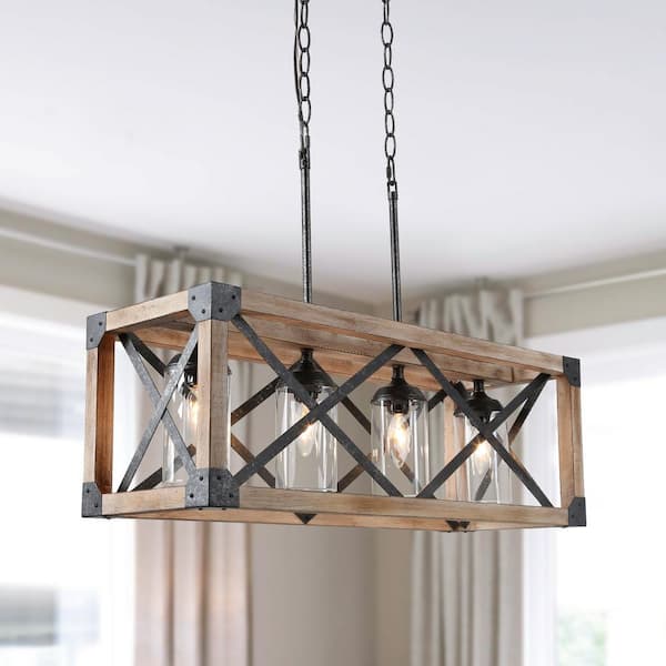 Uolfin Black Iron Farmhouse Wood Chandelier, 27.5 in. 4-Light Linear Rectangular Island Chandelier with Clear Glass Shades
