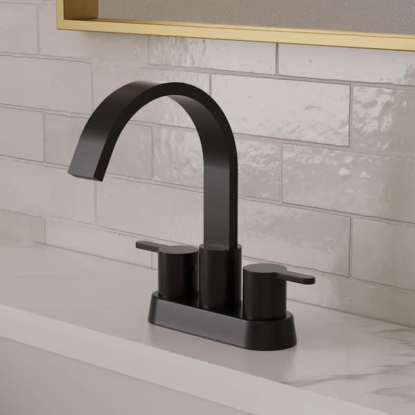 GRANDJOY 4 in. Waterfall Centerset Double Handle High Arc Bathroom Faucet 1.0 GPM in Matte Black Valve Included