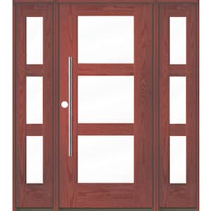 Modern Faux Pivot 64 in. x 80 in. 3-Lite Right-Hand/Inswing Clear Glass Redwood Stain Fiberglass Prehung Front Door wDSL