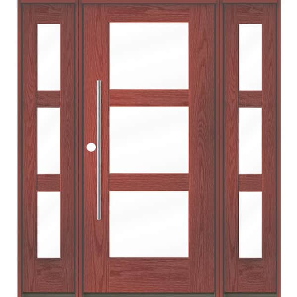 Krosswood Doors Modern Faux Pivot 64 in. x 80 in. 3-Lite Right-Hand/Inswing Clear Glass Redwood Stain Fiberglass Prehung Front Door wDSL