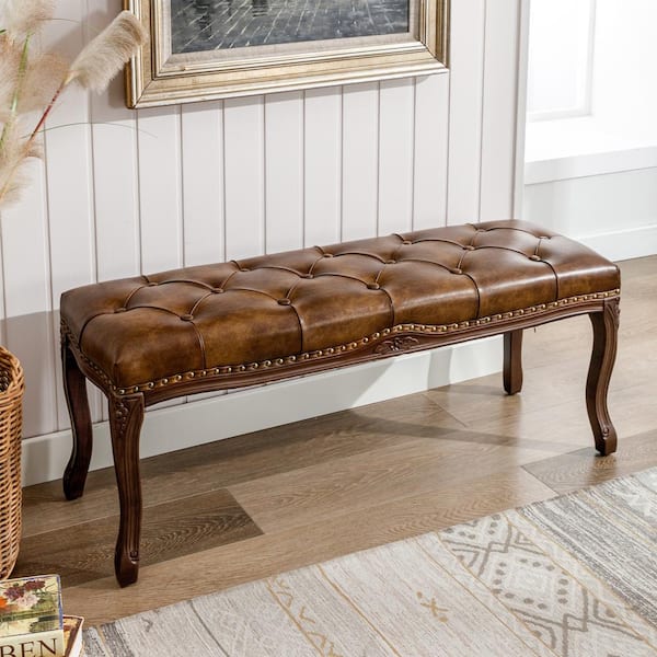 cozyman 45 in. Yellow Brown Carving Upholstered Entryway and Bedroom Bench Living Room French Vintage Tufted End of Bed Bench