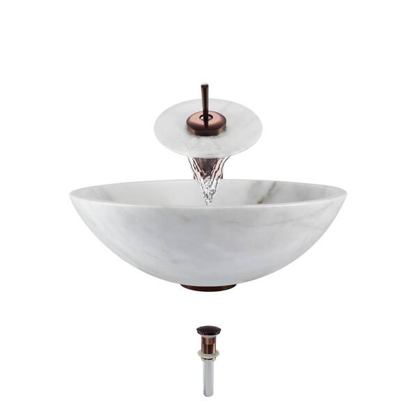 MR Direct Stone Vessel Sink in Honed Basalt White Granite with Waterfall Faucet and Pop-Up Drain in Oil Rubbed Bronze