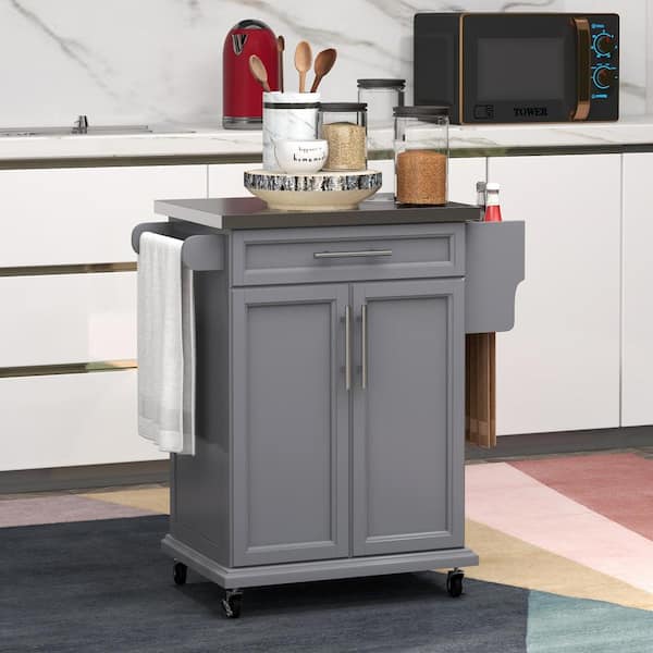 Tenleaf Gray Wood 33.00 in. Kitchen Island on Wheels, Rolling Kitchen Cart with Stainless Steel Countertop and Drawer