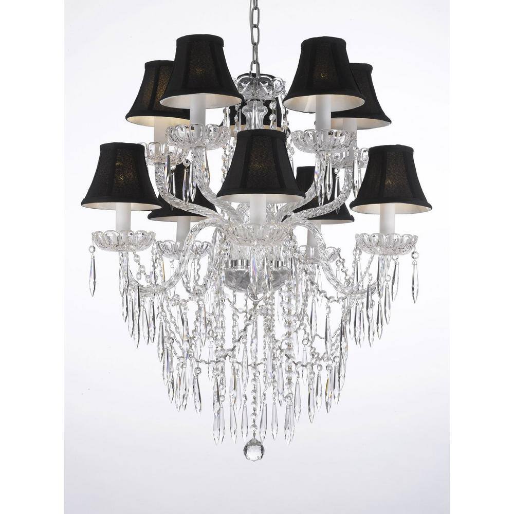 Harrison Lane Empress 10 Light Clear Crystal Plug In Chandelier With Icicles And Black Shades T22 1669 The Home Depot Light Clear Crystal Plug In Chandelier, Black Crystal Plug In Chandelier