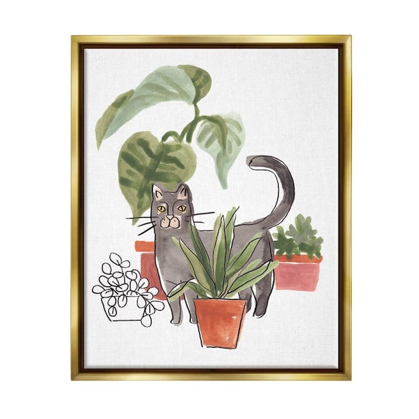 The Stupell Home Decor Collection Cat Pet Terracotta House Plants Tropical Monstera by June Erica Vess Floater Frame Nature Wall Art Print 31 in. x 25 in.