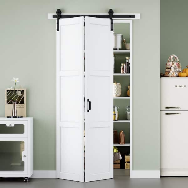 ARK DESIGN 40 in. x 84 in. Easy Install 3-Panel White Primed Solid Core MDF Composite Bi-Fold Sliding Barn Door with Hardware Kit