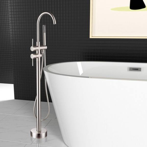 Residential 2-Handle Freestanding Bathtub Faucet with Hand Shower in Brushed Nickel