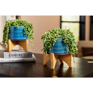 5 in. Jenkins Small Blue Ceramic Planter (5 in. D x 6.3 in. H) with Wood Stand