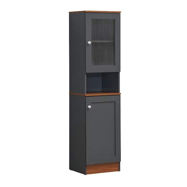 HODEDAH 63 in. Tall Slim Open-Shelf Plus Top and Bottom Enclosed Storage Kitchen Pantry in Grey-Oak