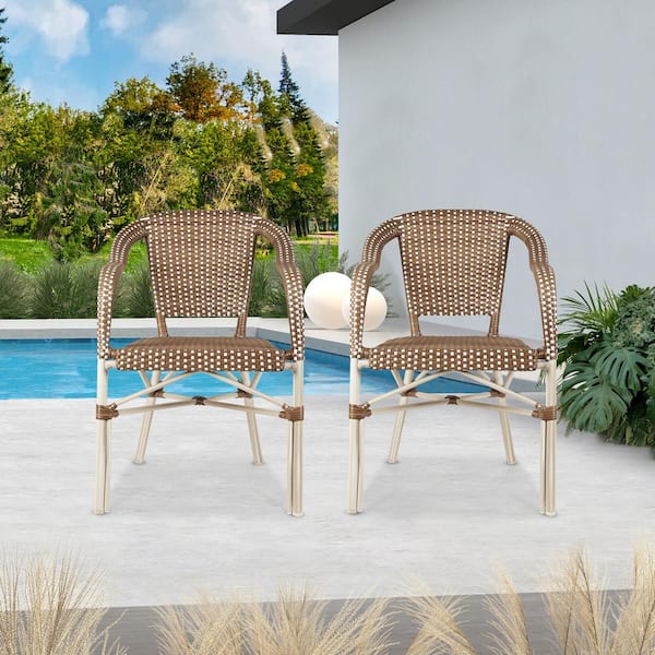 Brown Wicker Bistro Chair French Hand-Woven Arm Chairs for Outdoor Patio Indoor Dining Chairs (2-Pack)
