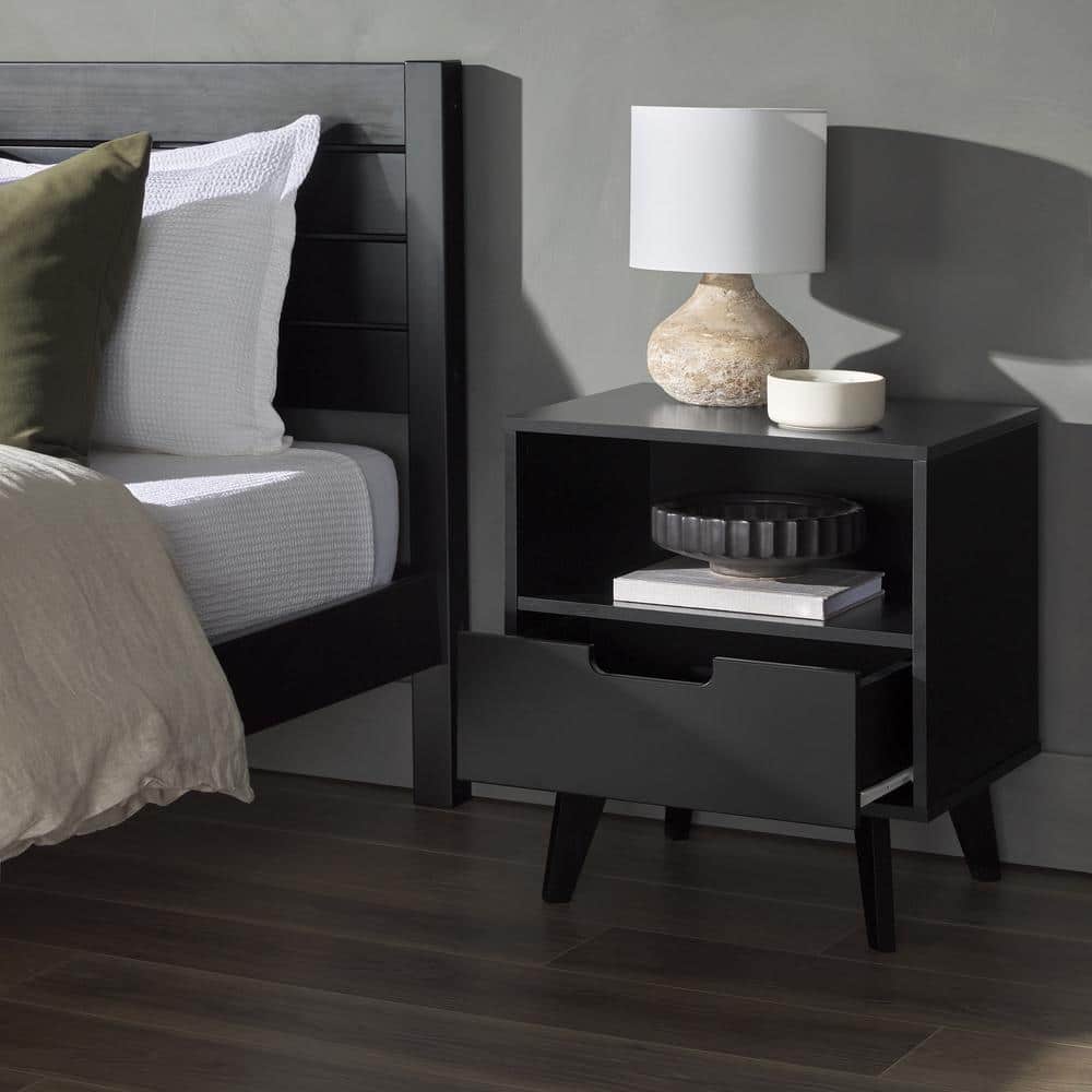 Black MDF 1-Drawer Nightstand with Open Cubby