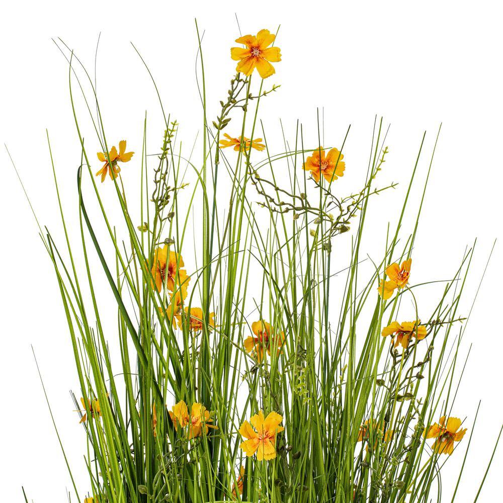 Elegant 42" Yellow Cosmos & Green Grass Outdoor Arrangement in Classic White Pot