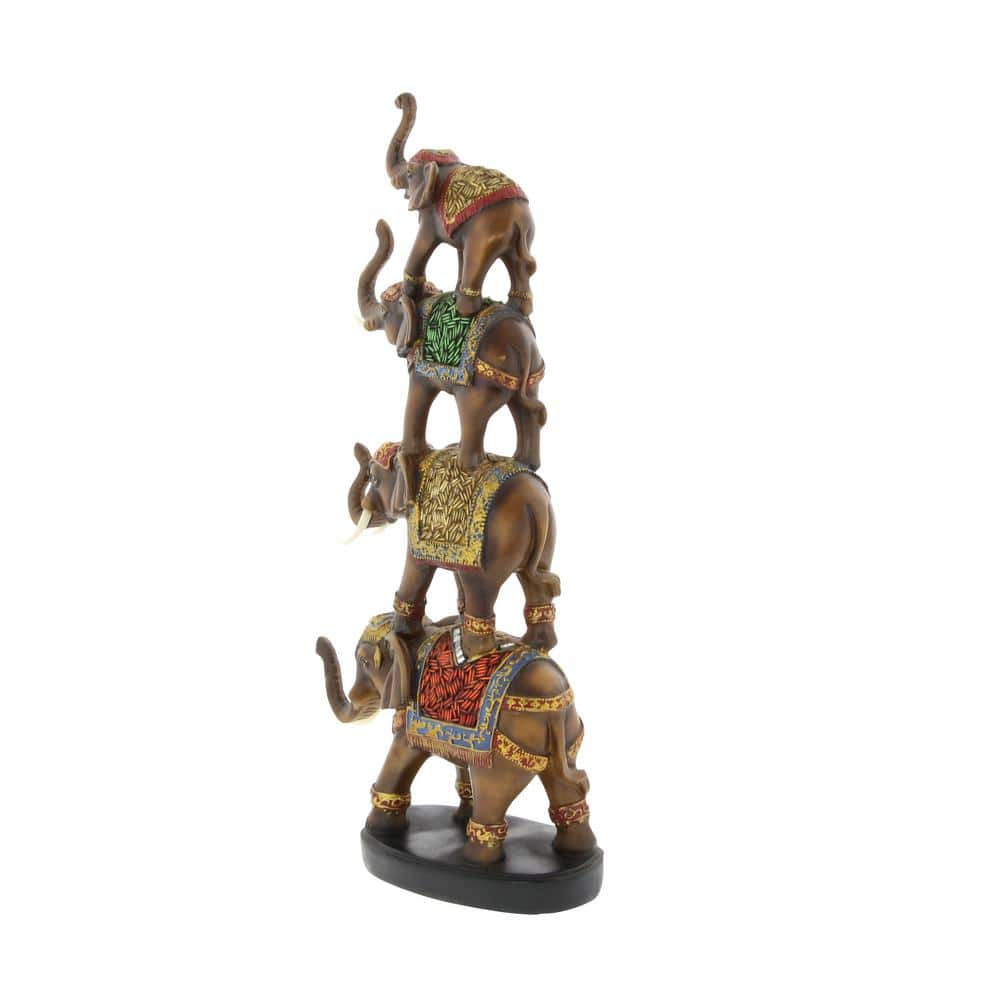 Brown Polystone Stacked Elephant Figurine with Colorful Patterns