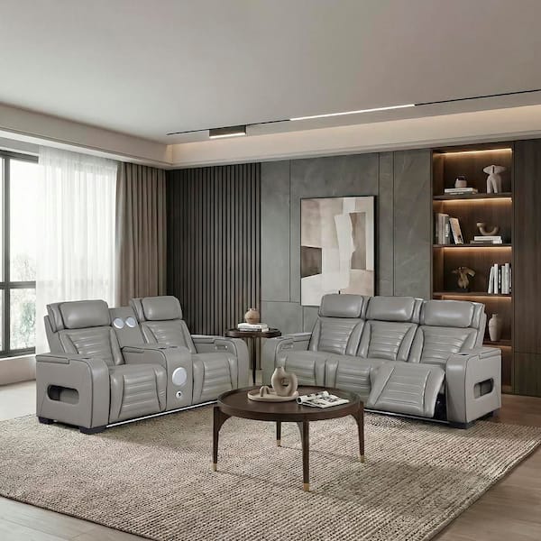 Bedos 84 in. W. Pillow Top Arm Top Grain Leather Rectangle 2-Piece Power Reclining Sofa Set in Gray