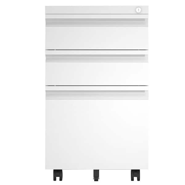Unbranded Classic White Metal Mobile 3-Drawer File Cabinet with Lockable, Pedestal Cabinet Assembled for Legal or Letter Files