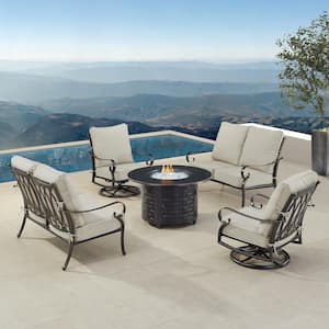 Black Aluminum Fire Table Set with 2-Loveseats and 2-Club Chairs