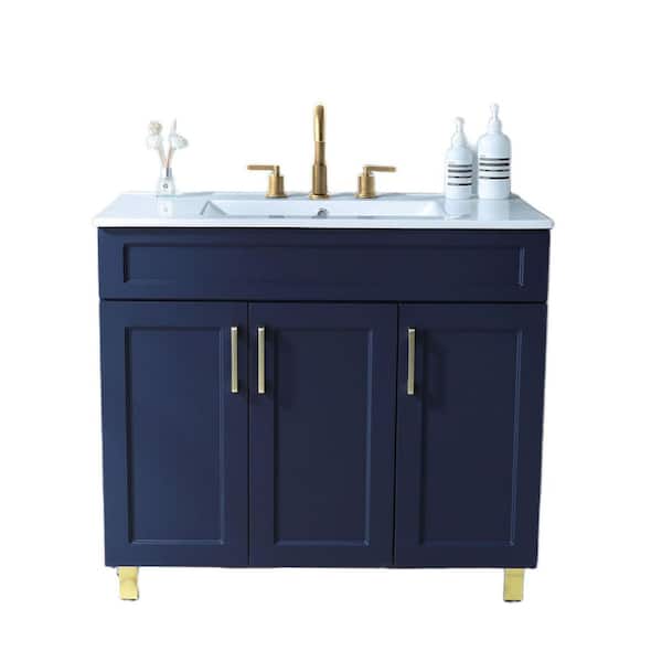 36 in. W x 18 in. D x 32 in. H. Modern Bathroom Vanity in Blue with White Ceramic Sink Top