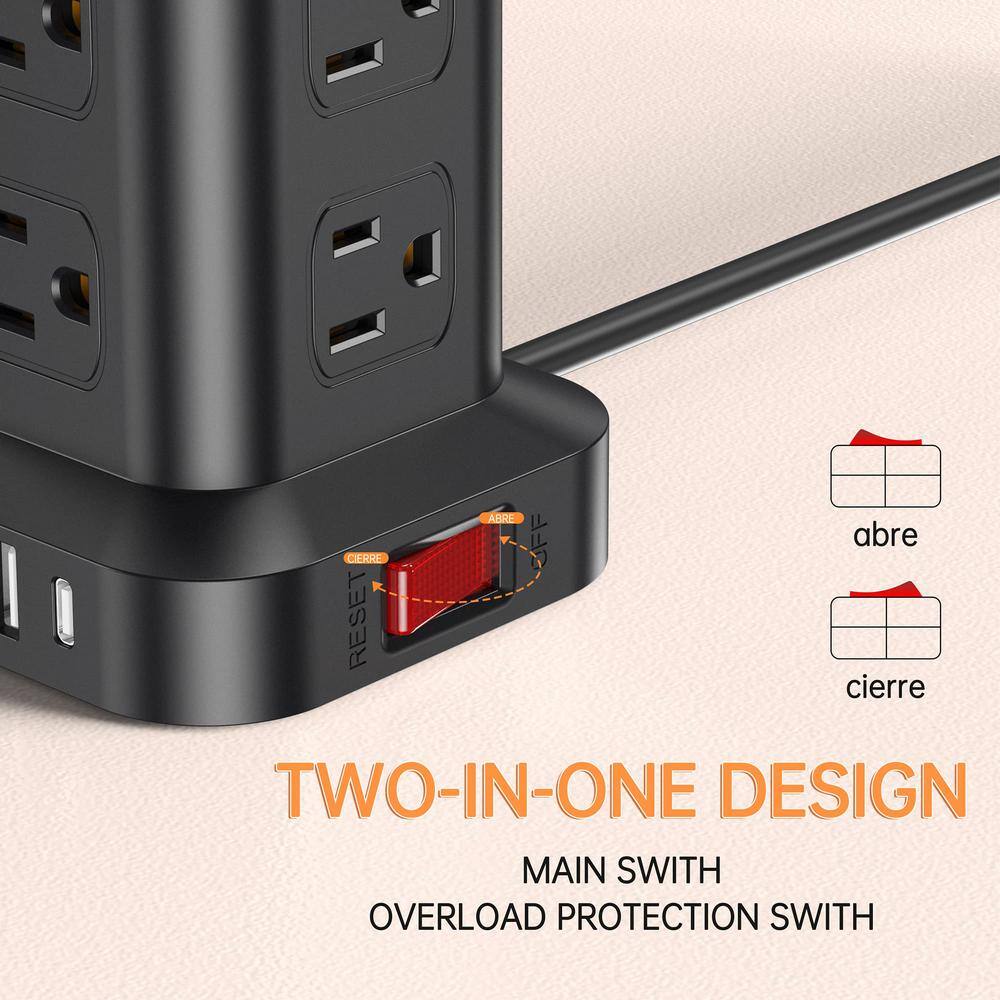 Black Tower Power Strip with 6.5 ft Cord and USB Ports