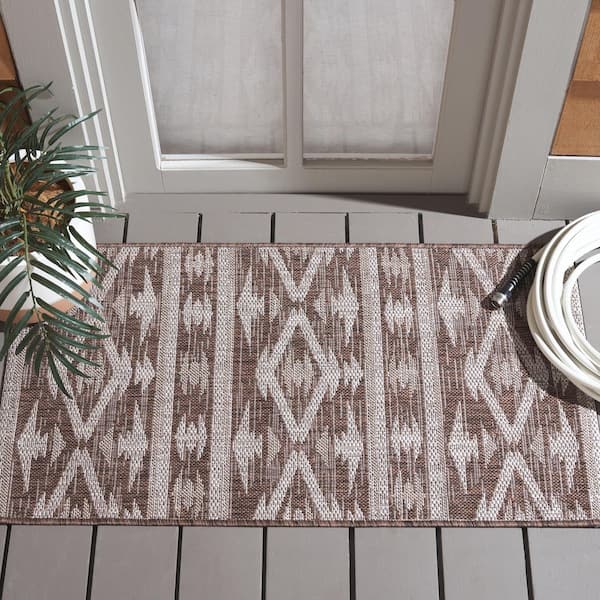 Courtyard Brown/Ivory 2 ft. x 4 ft. Geometric Striped Diamond Indoor/Outdoor Area Rug