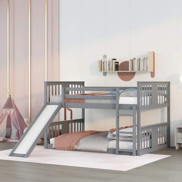 URTR Gray Twin Over Twin Bunk Bed with Slide and Ladder, Wooden Low Bunk Bed Frame for Kids, No Box Spring Needed