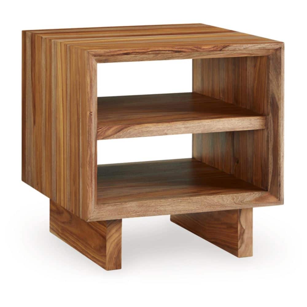 Sheesham Wood Square End Table with Open Shelves, Brown
