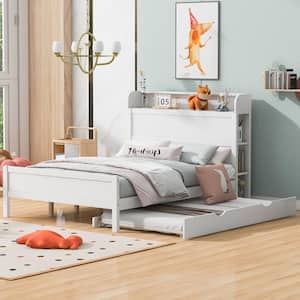 White Wood Frame Full Platform Bed with Trundle and shelves