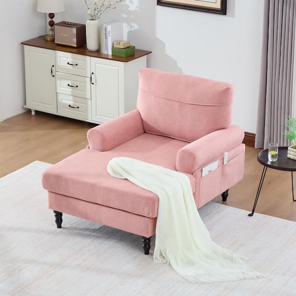 Modern Pink Chenille Armrests Chaise Lounge Single Sofa With Wooden Sofa Legs and Storage Side Pockets