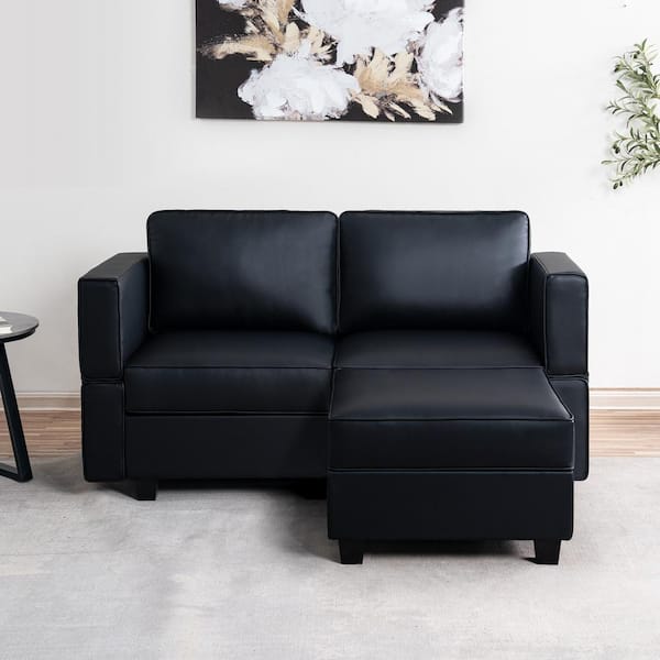 61.02 in. Square Arm 2-piece Faux Leather Loveseat Sectional Sofa in. Black with Ottoman for Streamlined Comfort