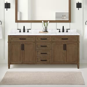 Caville 72 in. W x 22 in. D x 34.50 in. H Bath Vanity in Almond Latte with Carrara Marble Top