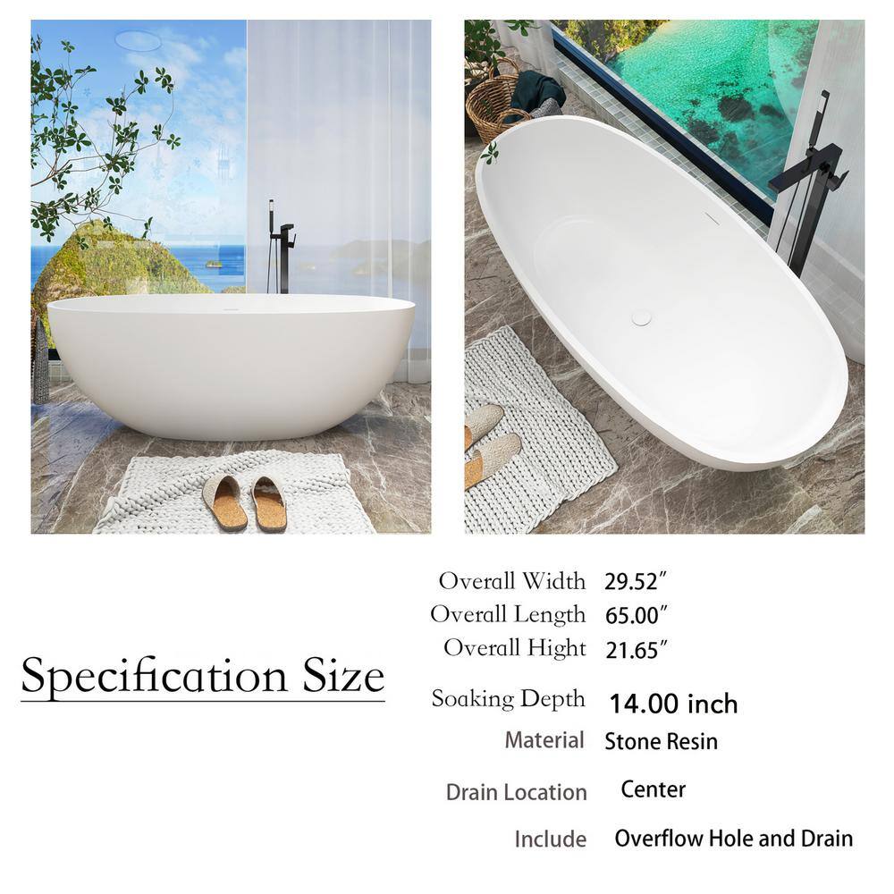 65" Matte White Stone Resin Freestanding Soaking Bathtub