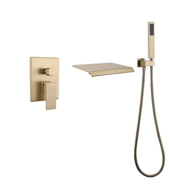 Tomfaucet 8 in. Single-Handle Freestanding Tub Faucet Solid Brass Waterfall Wall Mounted Tub Spout with Handshower in Brushed Gold