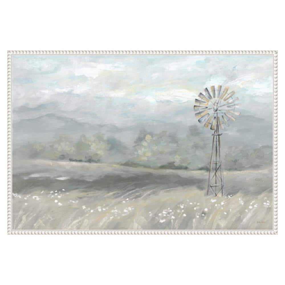 Country Meadow Windmill Scenic Landscape Canvas Print with White Floater Frame