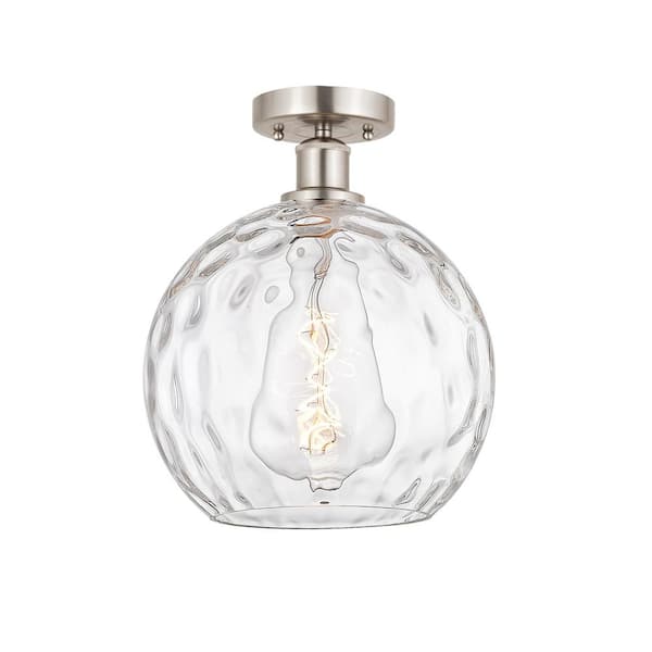 Athens Water Glass 10 in. 1-Light Satin Nickel Industrial Semi-Flush Mount with Clear Glass Shade