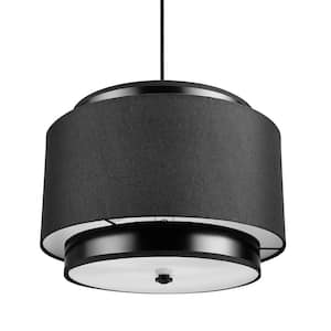 Simon 2-Light Matte Black Pendant Light with Black Fabric Outer Shade and Black Cloth Cord