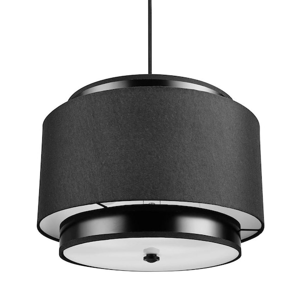 Globe Electric Simon 2-Light Matte Black Pendant Light with Black Fabric Outer Shade and Black Cloth Cord