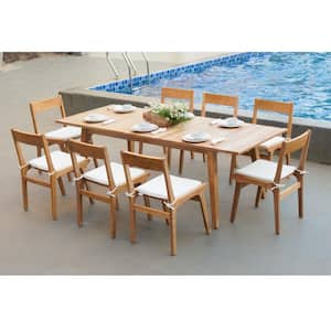 Charlottetown Brown 9-Piece Wood Outdoor Dining Set with Washed White Cushions