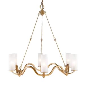 Modern 6-Light Gold Round Chandelier for Living Room with Cylinder Frosted Glass Shades and No Bulb Included