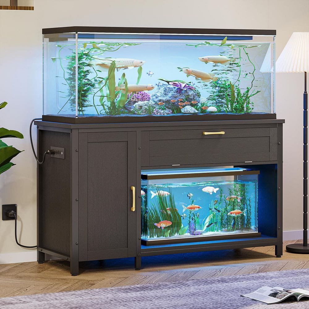 Bestier Black 55 Gal.-75 Gal. Aquarium Stand with Cabinet and LED Lights, Fish Tank Stand with Power Outlet