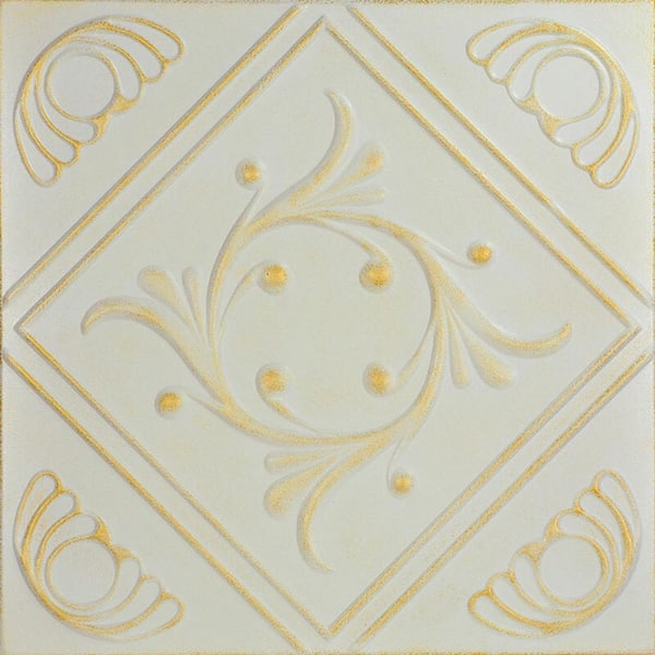 Diamond Wreath White Washed Gold 1.6 ft. x 1.6 ft. Decorative Foam Glue Up Ceiling Tile (384 sq. ft. /case)