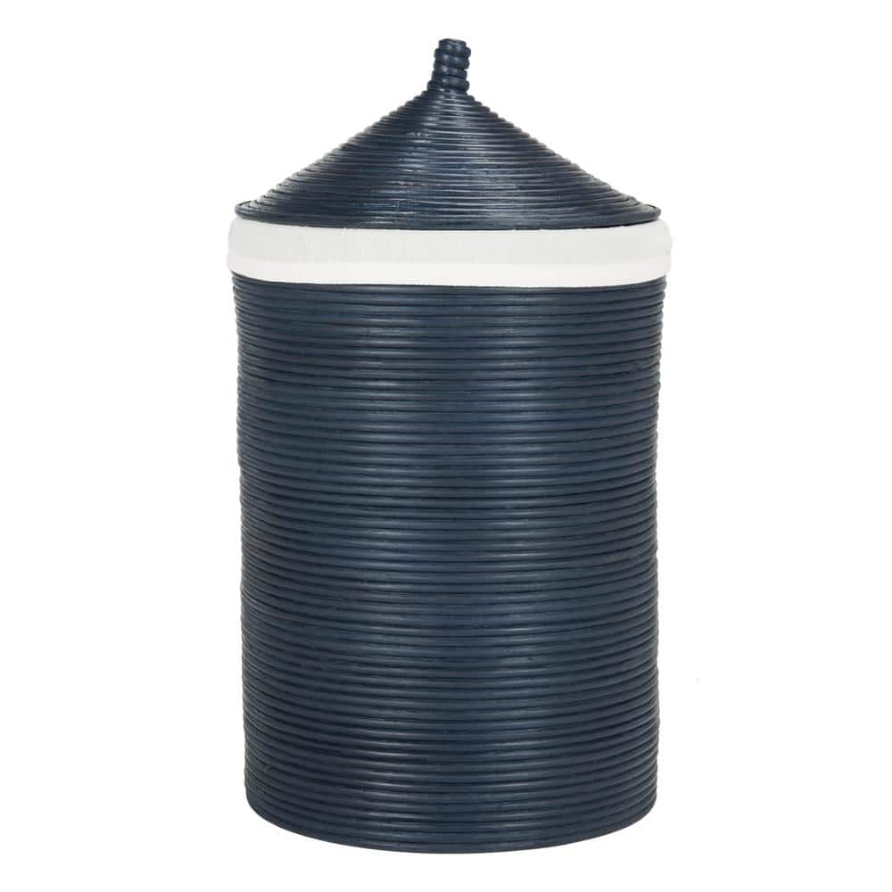 Navy and White Rattan Upright Hamper with Lid