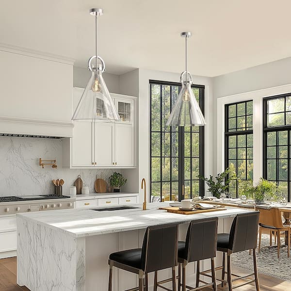 18 in. 1-Light Brushed Nickel Bell Pendant Light Perfect for Kitchen, Dining Rooms, or Foyer with Clear Glass Shade