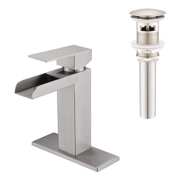 Aurora Decor Ladera Single Handle Single Hole Bathroom Faucet with Deckplate Included and Pop up Drain in Brushed Nickel