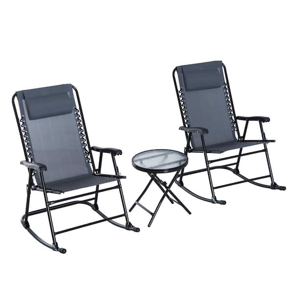 SOTEN RUGGED TABLET LLC Metal Outdoor Rocking Chair, Patio Folding Chair Table Set with Glass Coffee Table for Yard, Patio, Deck, Grey (3-Piece)