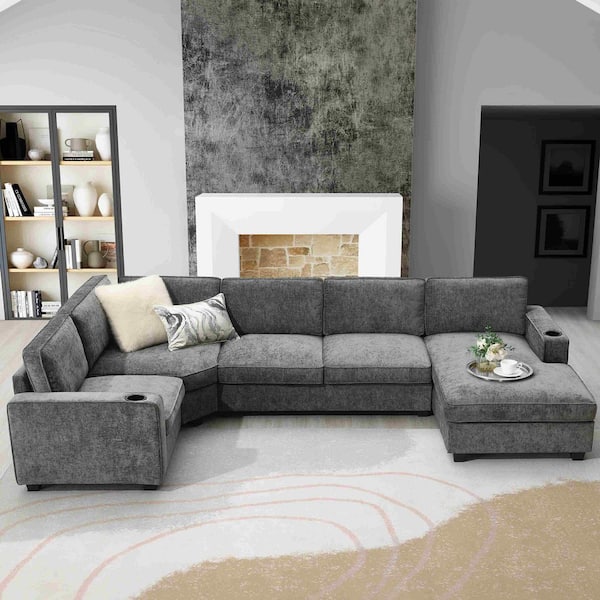 119 in. Square Arm Chenille Sectional Sofa with Irregular Corner, Cup Holders in. Gray