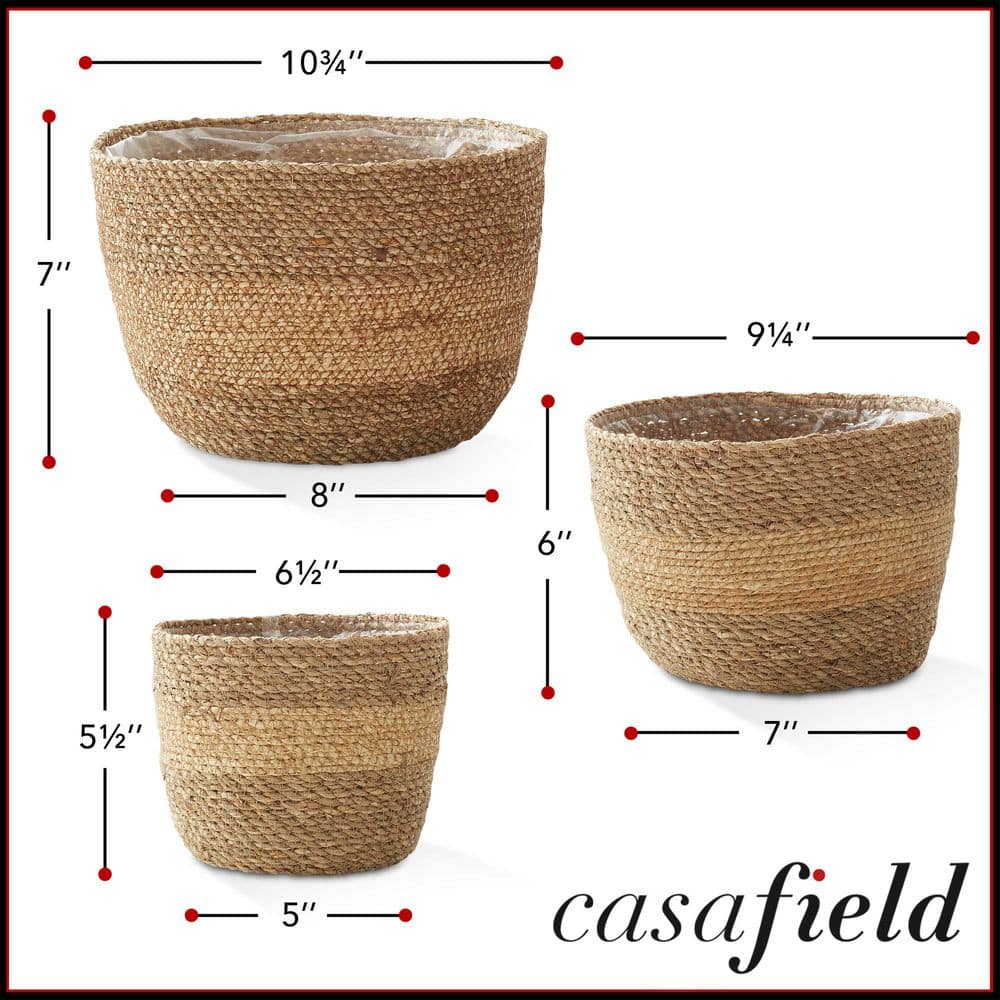 Set of 3 Two-Tone Handwoven Seagrass Planter Baskets with Liners
